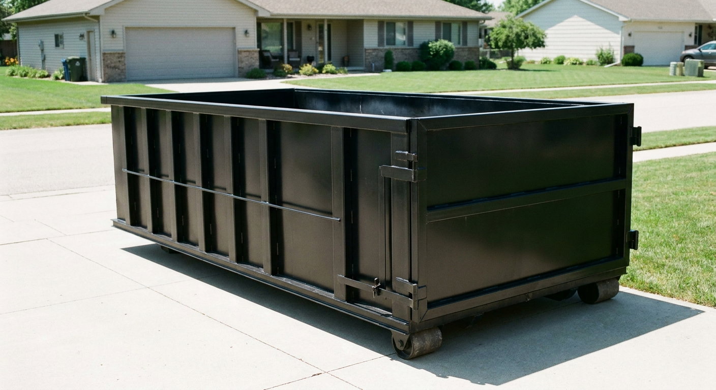 Matte-black 10-yard roll-off dumpster on a residential concrete driveway in Hackettstown, uniformly painted matte black across every panel and rail, ribbed steel sidewalls and rear swing door visible, mid-day daylight.