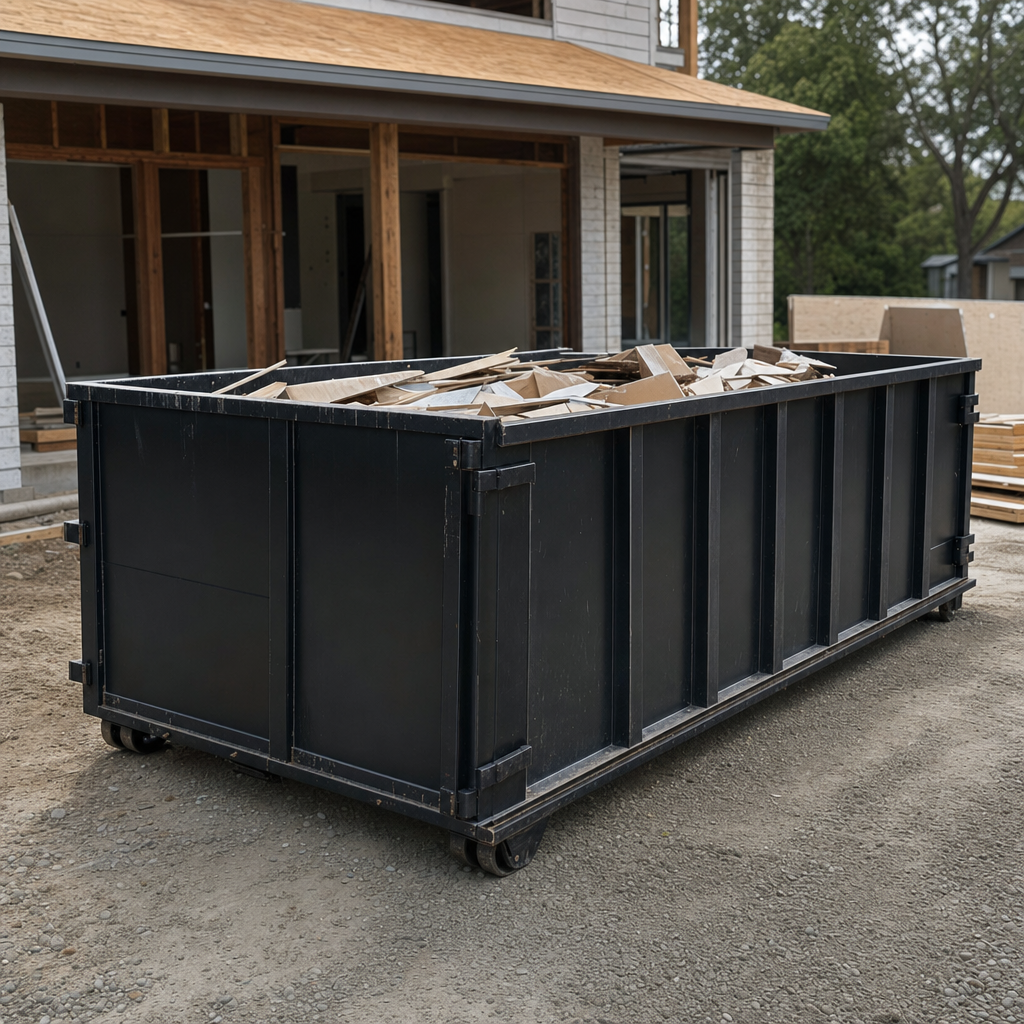 Large matte-black 30-yard construction roll-off dumpster at an active Hackettstown jobsite, steel-gray top rails and bottom rollers visible, loaded with construction debris.