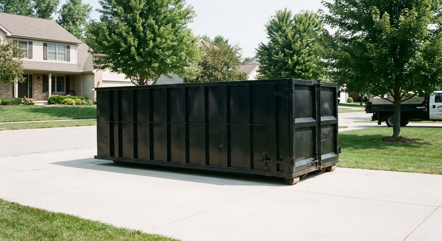 Matte-black 20-yard roll-off dumpster sitting level on a clean Hackettstown residential concrete driveway under bright daylight, demonstrating clean placement directly on the concrete.